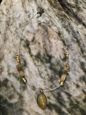 Beaded Oval Pendant Necklace - Olive Green